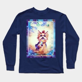 SUMMERTIME YORKIE. Yorkshire Terrier in a field of butterflies and flowers. Long Sleeve T-Shirt